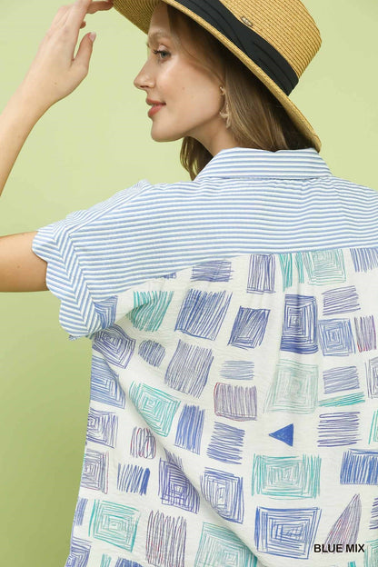 Mixed Media Print Button Front Collared Top - Bitsy Gypsy Boutique