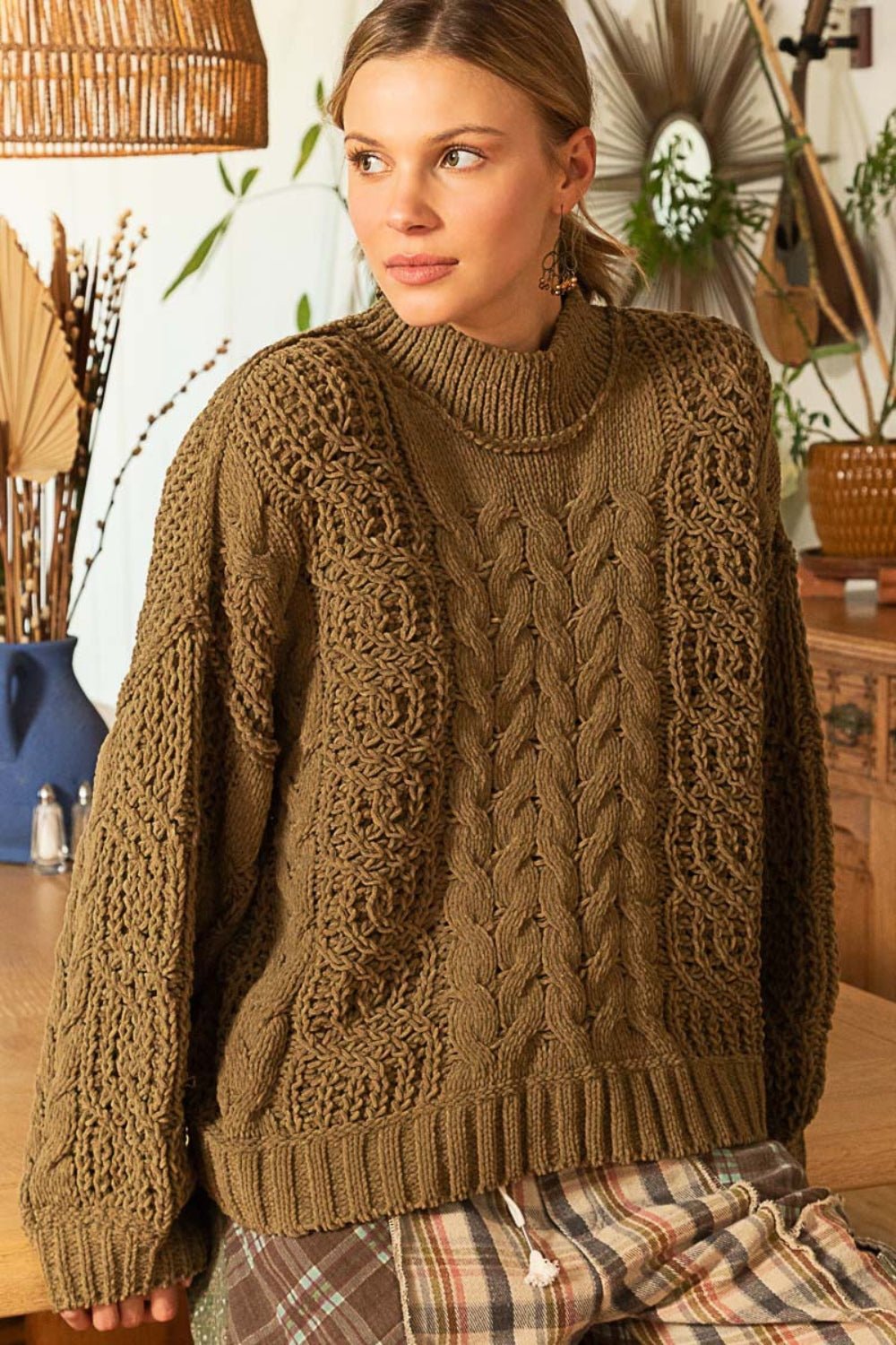 Mock Neck Cable Knit Sweater - Bitsy Gypsy Boutique