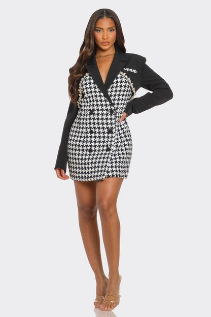 Monochrome Glam Houndstooth Blazer Dress - Bitsy Gypsy Boutique