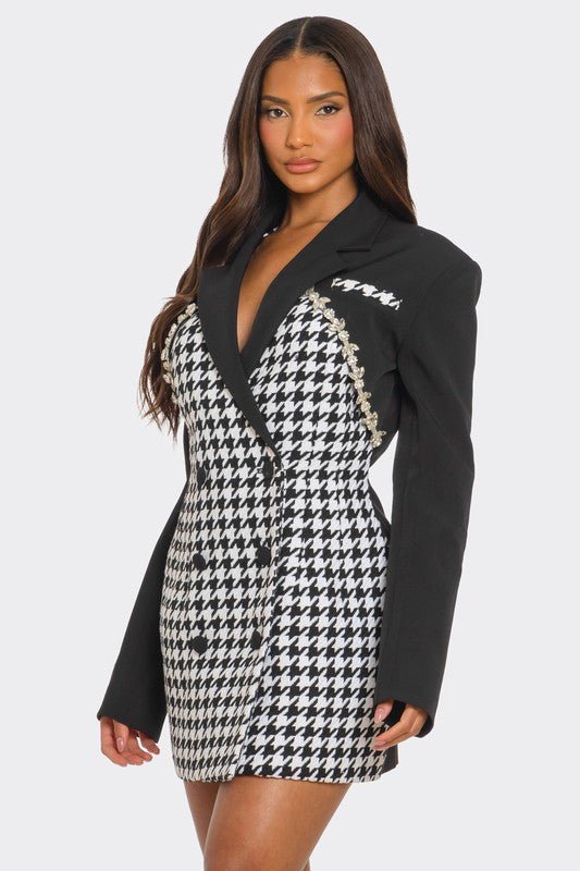 Monochrome Glam Houndstooth Blazer Dress - Bitsy Gypsy Boutique