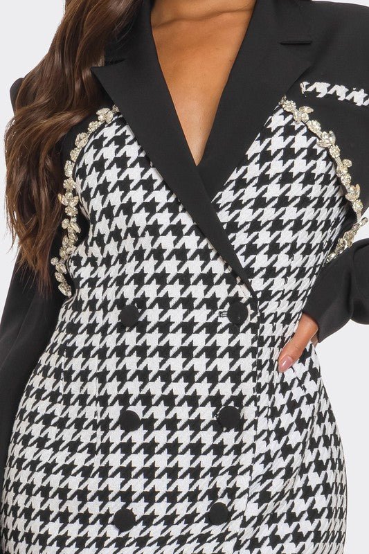 Monochrome Glam Houndstooth Blazer Dress - Bitsy Gypsy Boutique