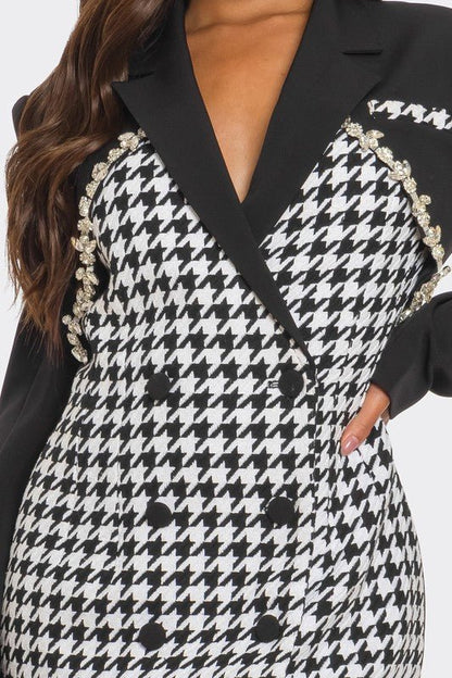 Monochrome Glam Houndstooth Blazer Dress - Bitsy Gypsy Boutique