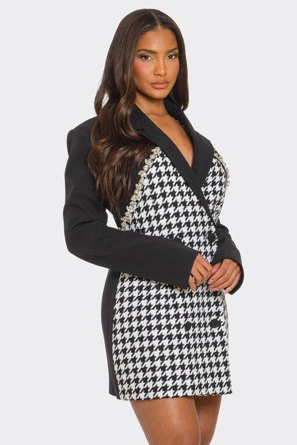 Monochrome Glam Houndstooth Blazer Dress - Bitsy Gypsy Boutique