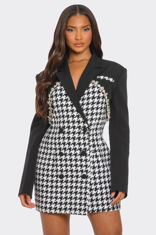 Monochrome Glam Houndstooth Blazer Dress - Bitsy Gypsy Boutique