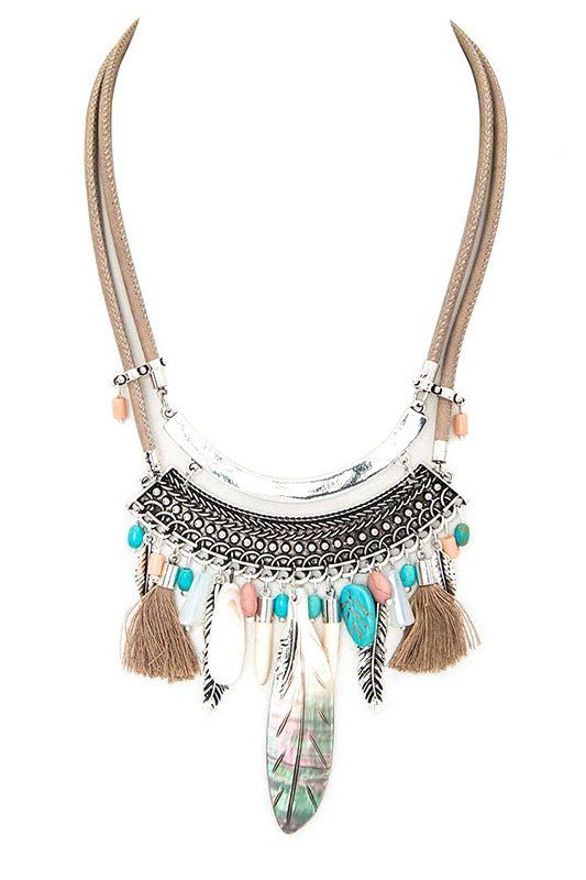 MOP Feather Charm Boho Statement Necklace - Bitsy Gypsy Boutique