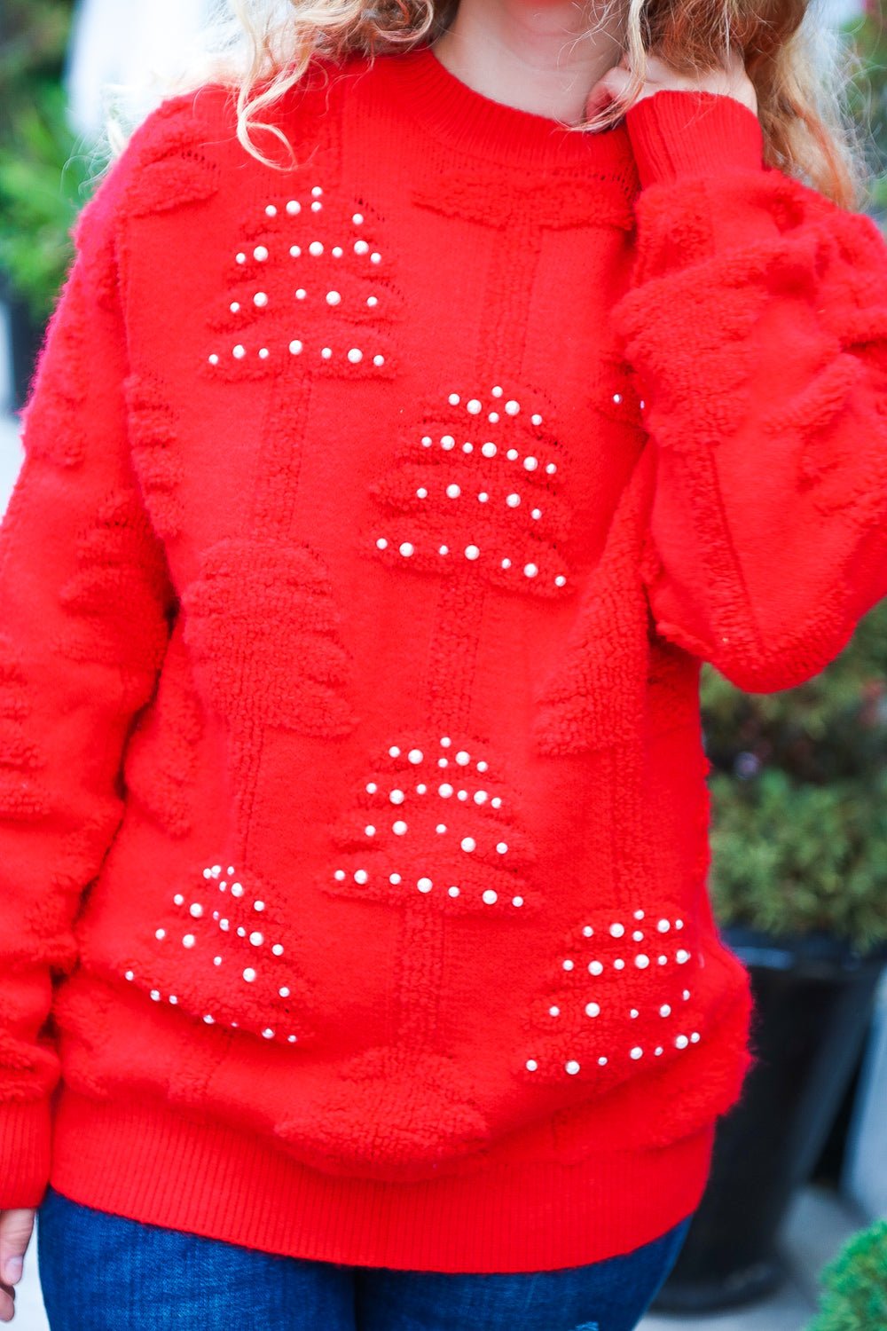 More The Merrier Red Pearl Christmas Tree Jacquard Sweater - Bitsy Gypsy Boutique
