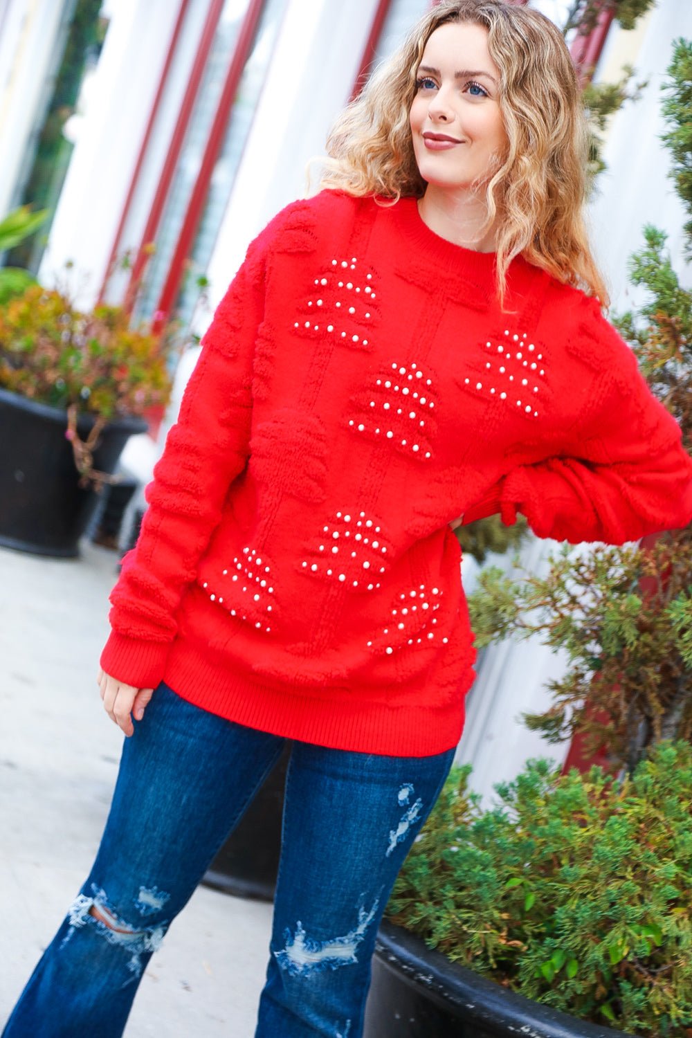 More The Merrier Red Pearl Christmas Tree Jacquard Sweater - Bitsy Gypsy Boutique