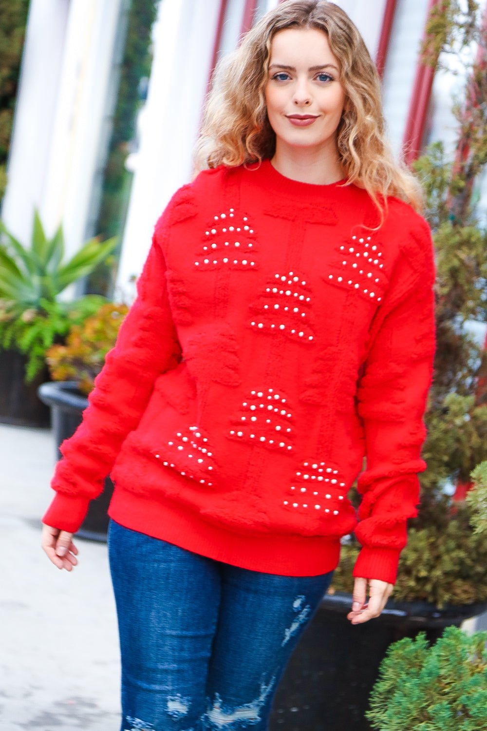 More The Merrier Red Pearl Christmas Tree Jacquard Sweater - Bitsy Gypsy Boutique