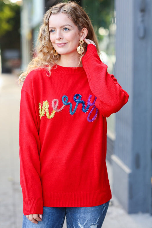 More The Merrier Red Pop Up Lurex Sweater - Bitsy Gypsy Boutique