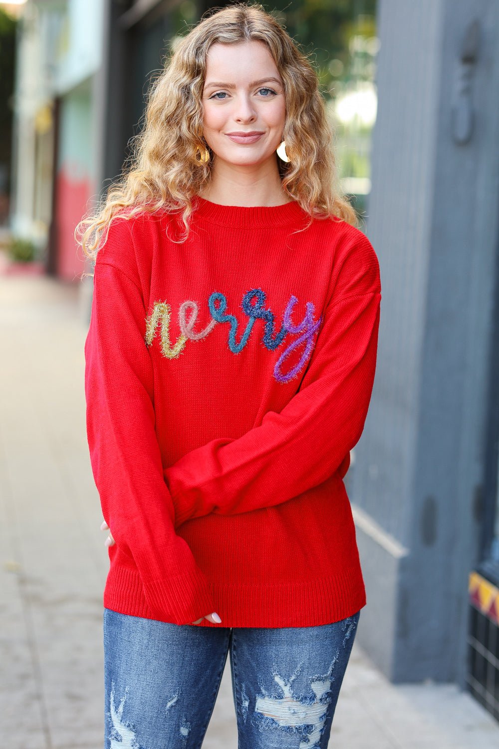 More The Merrier Red Pop Up Lurex Sweater - Bitsy Gypsy Boutique