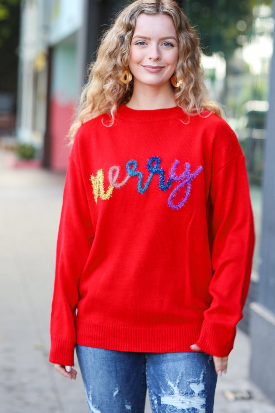 More The Merrier Red Pop Up Lurex Sweater - Bitsy Gypsy Boutique