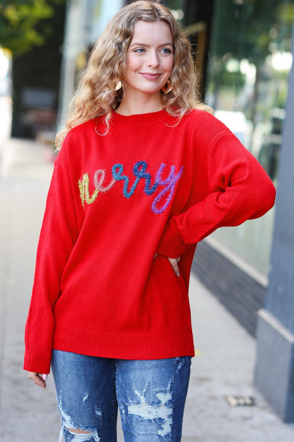 More The Merrier Red Pop Up Lurex Sweater - Bitsy Gypsy Boutique