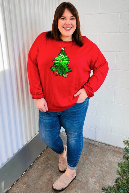 More The Merrier Red Sequin Christmas Tree Hacci Top - Bitsy Gypsy Boutique
