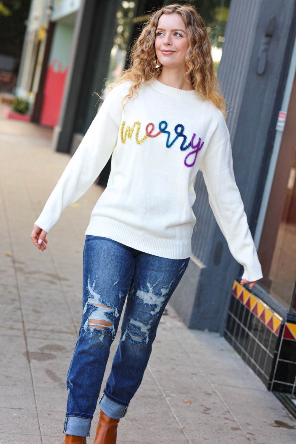 More the Merrier White Pop Up Lurex Sweater - Bitsy Gypsy Boutique