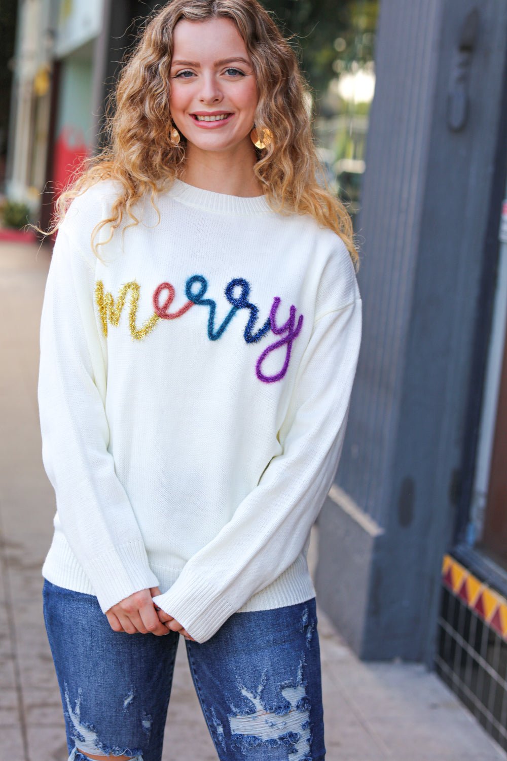 More the Merrier White Pop Up Lurex Sweater - Bitsy Gypsy Boutique