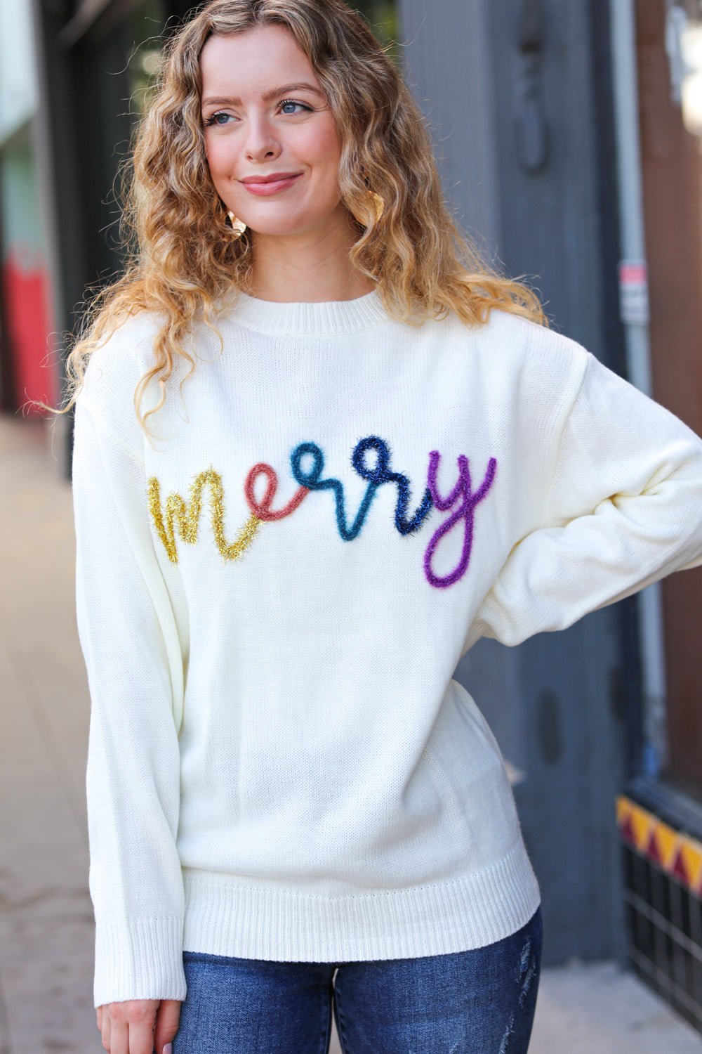 More the Merrier White Pop Up Lurex Sweater - Bitsy Gypsy Boutique