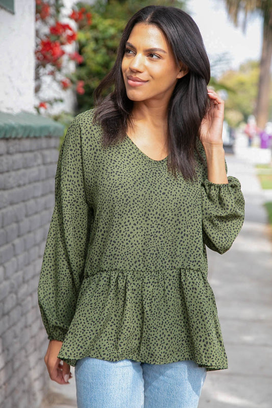 Moss Green Leopard Wool Dobby Woven Knit Top - Bitsy Gypsy Boutique