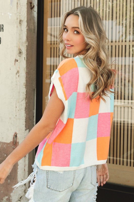 Multi - Color Checker Sweater Vest - Bitsy Gypsy Boutique