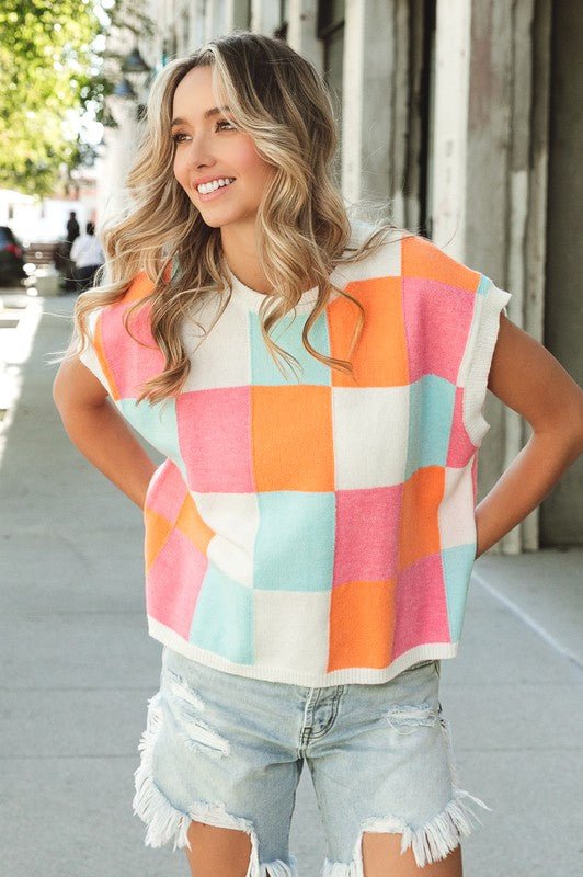 Multi - Color Checker Sweater Vest - Bitsy Gypsy Boutique