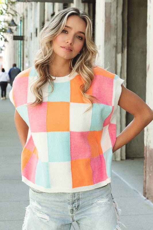 Multi - Color Checker Sweater Vest - Bitsy Gypsy Boutique