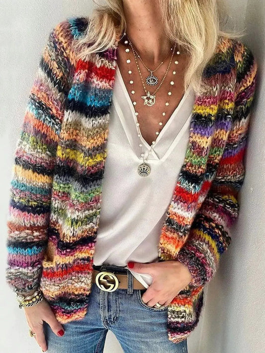 Multi-Color Striped Chunky Knit Open-Front Cardigan - Bitsy Gypsy Boutique