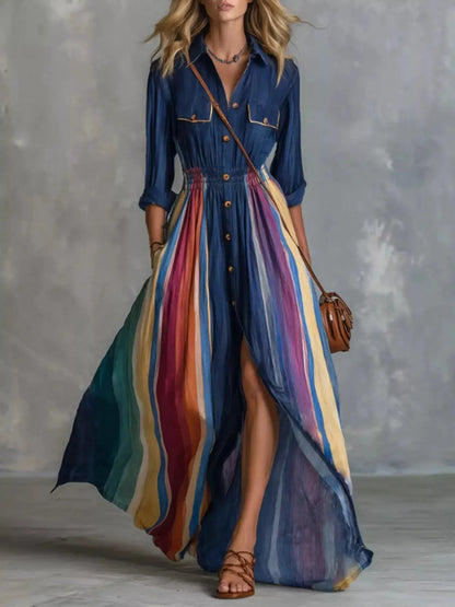 Multi-Color Striped Maxi Shirt Dress - Bitsy Gypsy Boutique