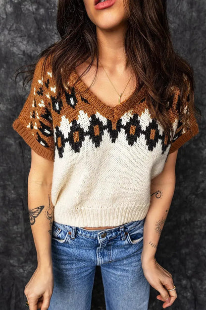 Multicolor Geometric V Neck Short Sleeve Sweater - Bitsy Gypsy Boutique