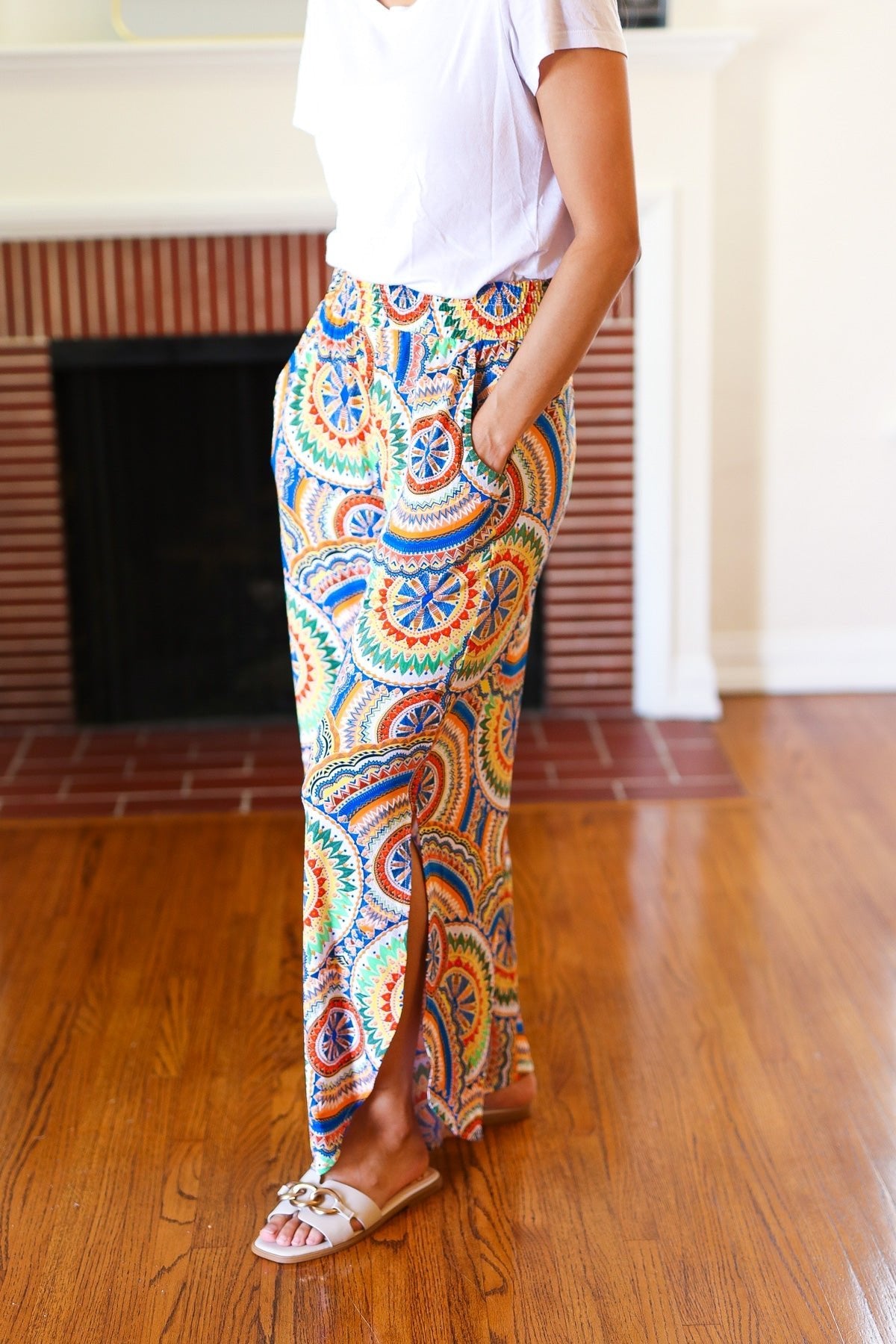 Multicolor Mandala Smocked Waist Side Slit Palazzo Pants - Bitsy Gypsy Boutique