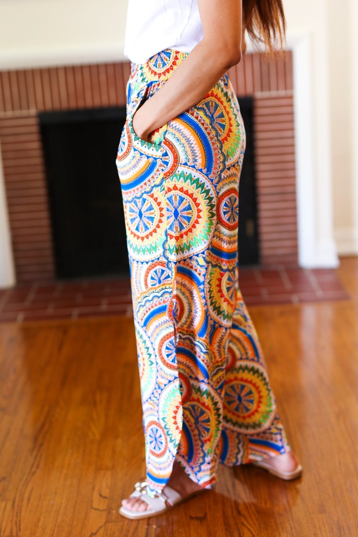 Multicolor Mandala Smocked Waist Side Slit Palazzo Pants - Bitsy Gypsy Boutique