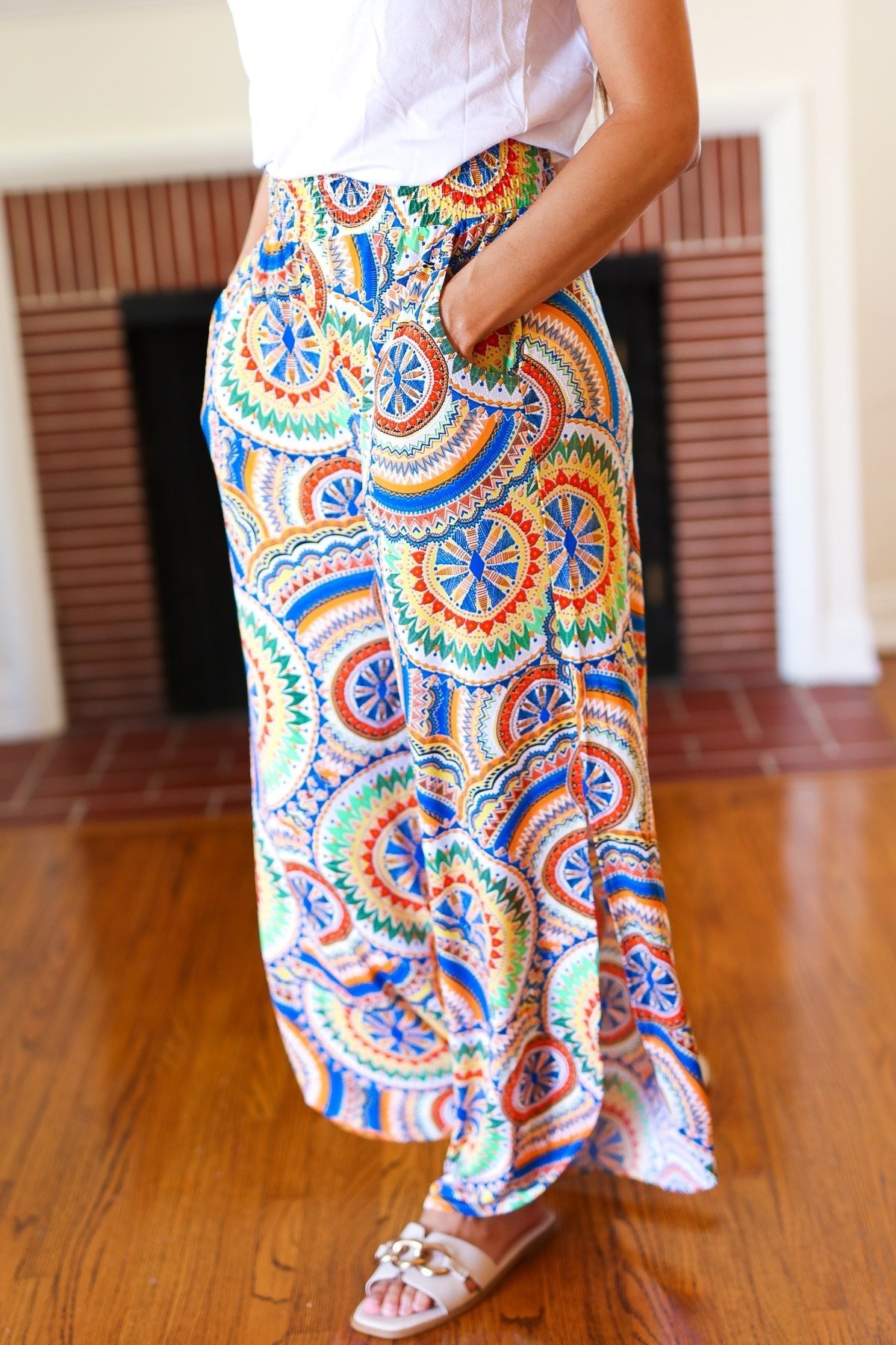 Multicolor Mandala Smocked Waist Side Slit Palazzo Pants - Bitsy Gypsy Boutique