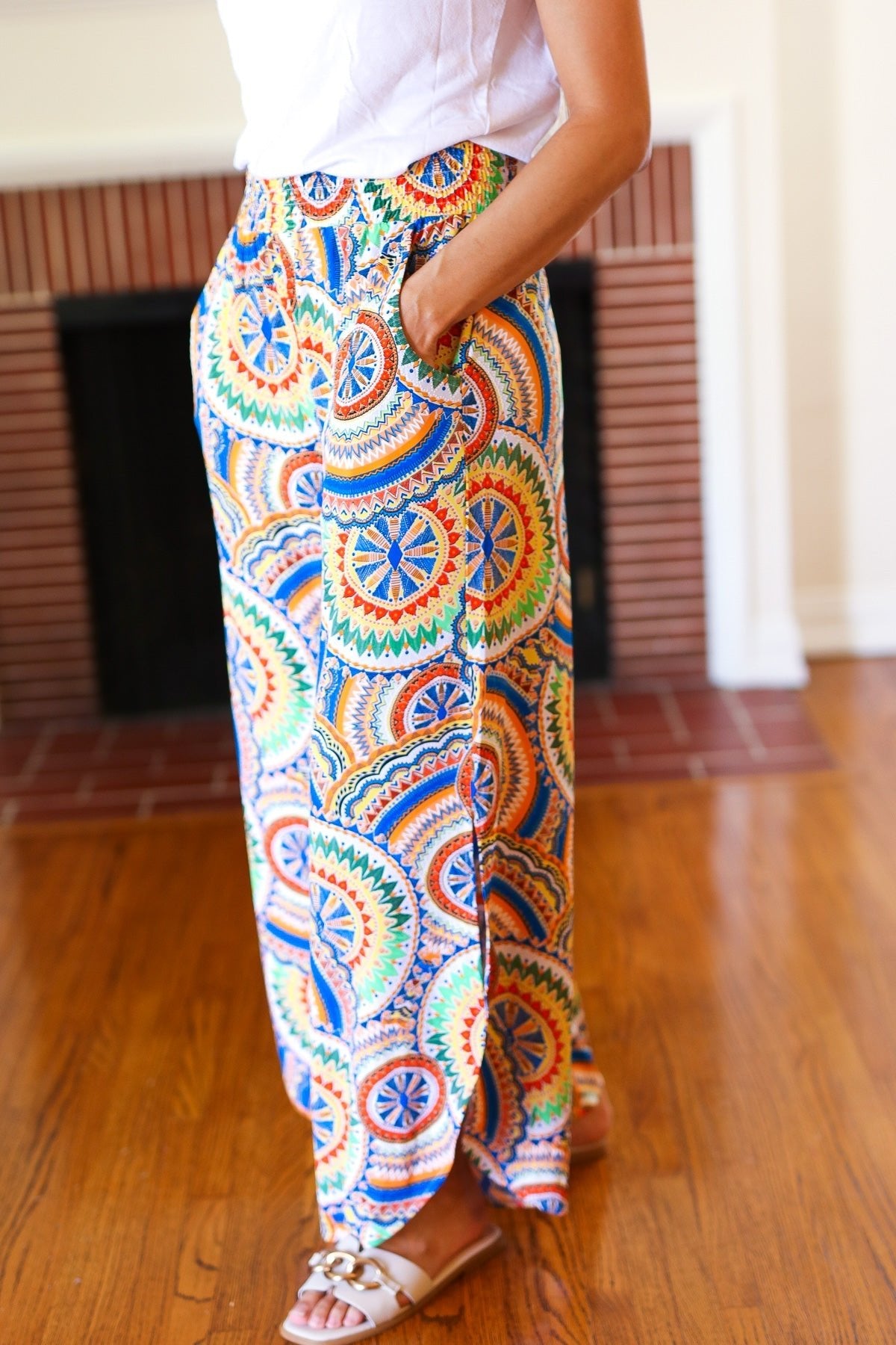 Multicolor Mandala Smocked Waist Side Slit Palazzo Pants - Bitsy Gypsy Boutique