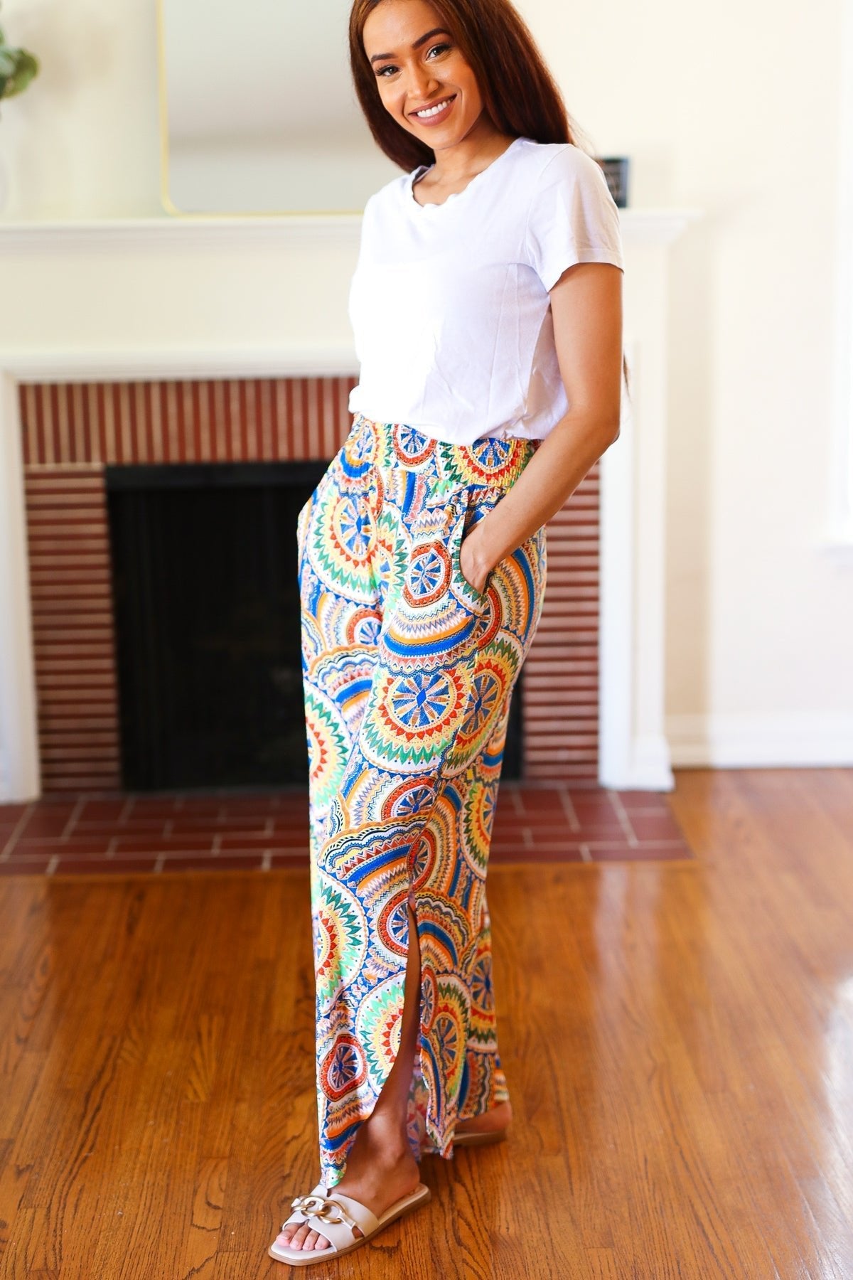 Multicolor Mandala Smocked Waist Side Slit Palazzo Pants - Bitsy Gypsy Boutique