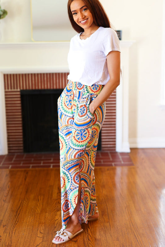 Multicolor Mandala Smocked Waist Side Slit Palazzo Pants - Bitsy Gypsy Boutique