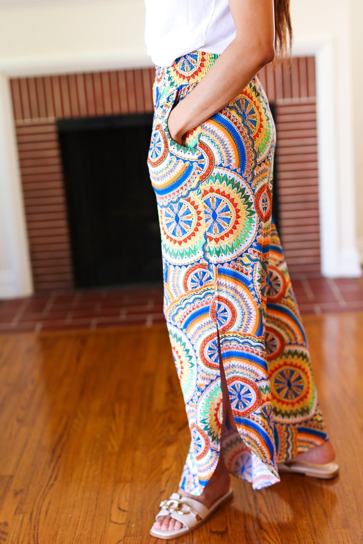 Multicolor Mandala Smocked Waist Side Slit Palazzo Pants - Bitsy Gypsy Boutique