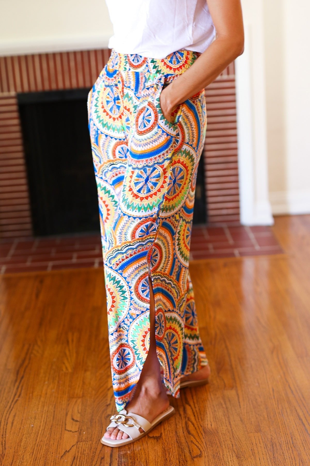 Multicolor Mandala Smocked Waist Side Slit Palazzo Pants - Bitsy Gypsy Boutique