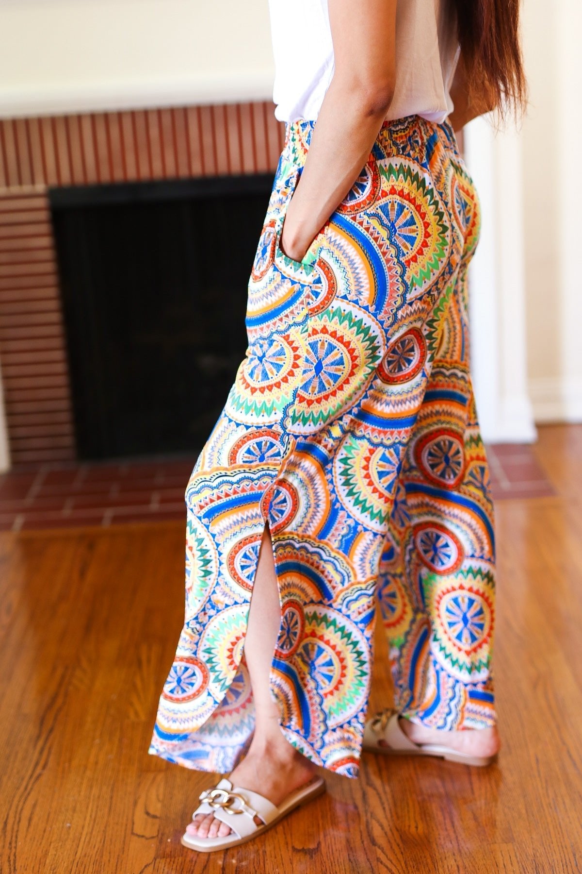 Multicolor Mandala Smocked Waist Side Slit Palazzo Pants - Bitsy Gypsy Boutique
