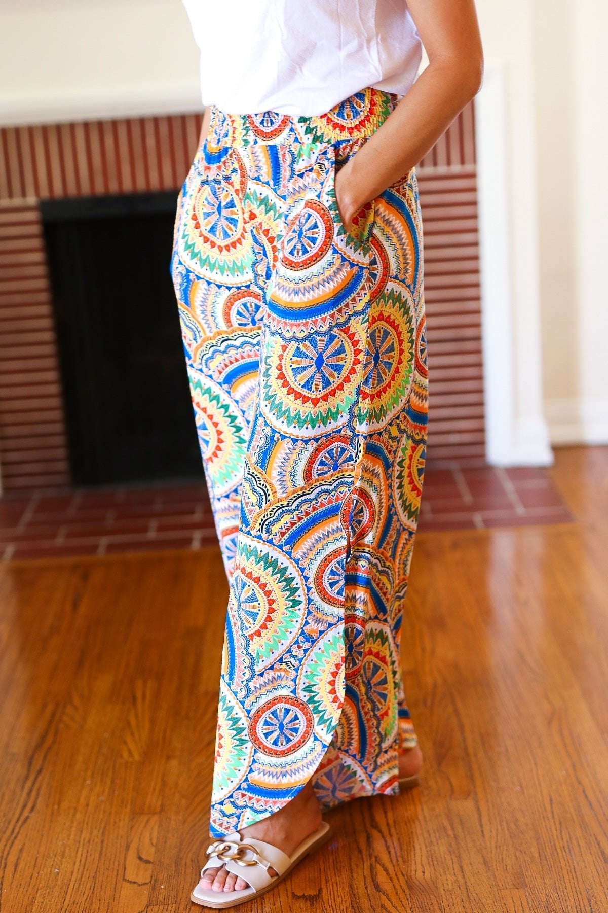 Multicolor Mandala Smocked Waist Side Slit Palazzo Pants - Bitsy Gypsy Boutique