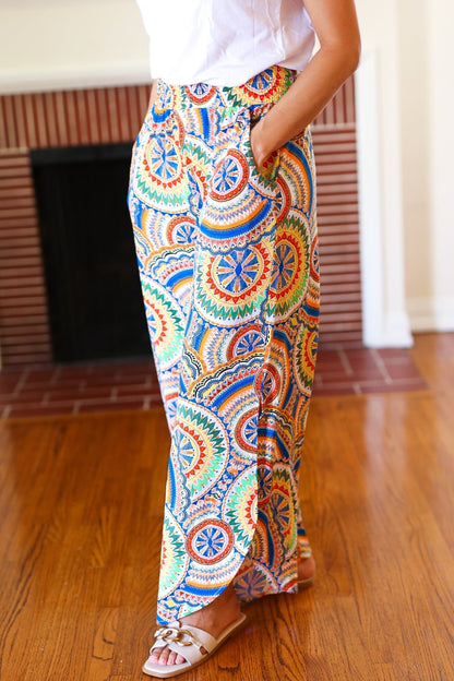 Multicolor Mandala Smocked Waist Side Slit Palazzo Pants - Bitsy Gypsy Boutique
