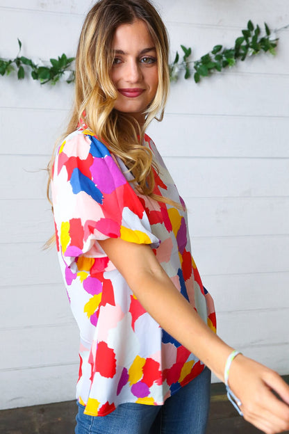 Multicolor Print Frilled Mock Neck Puff Sleeve Top - Bitsy Gypsy Boutique