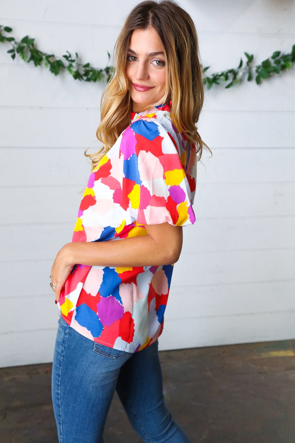 Multicolor Print Frilled Mock Neck Puff Sleeve Top - Bitsy Gypsy Boutique