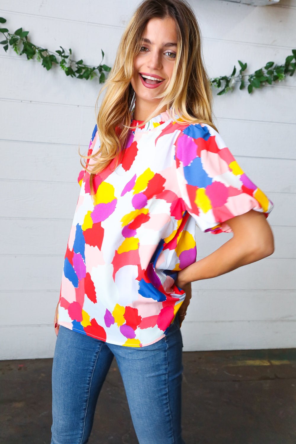 Multicolor Print Frilled Mock Neck Puff Sleeve Top - Bitsy Gypsy Boutique