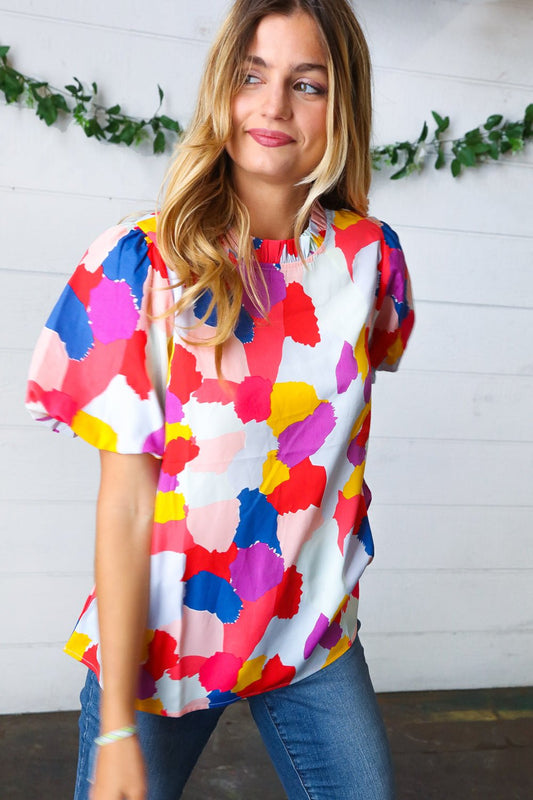 Multicolor Print Frilled Mock Neck Puff Sleeve Top - Bitsy Gypsy Boutique
