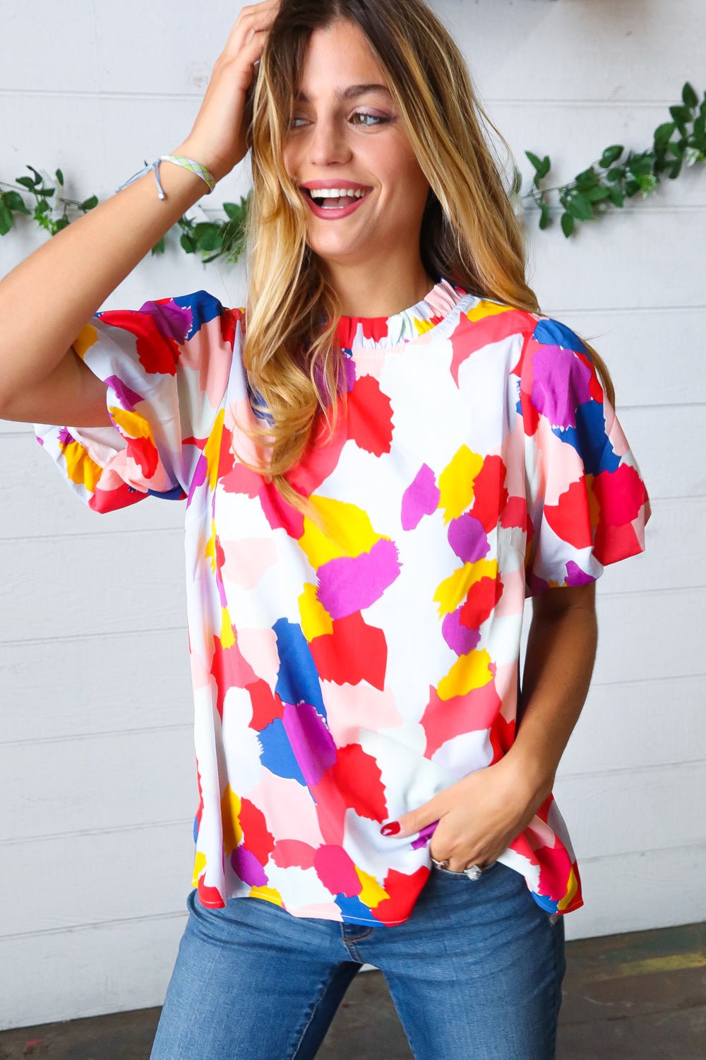 Multicolor Print Frilled Mock Neck Puff Sleeve Top - Bitsy Gypsy Boutique