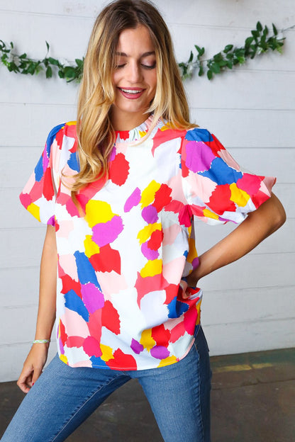 Multicolor Print Frilled Mock Neck Puff Sleeve Top - Bitsy Gypsy Boutique
