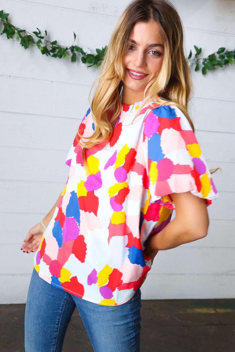 Multicolor Print Frilled Mock Neck Puff Sleeve Top - Bitsy Gypsy Boutique