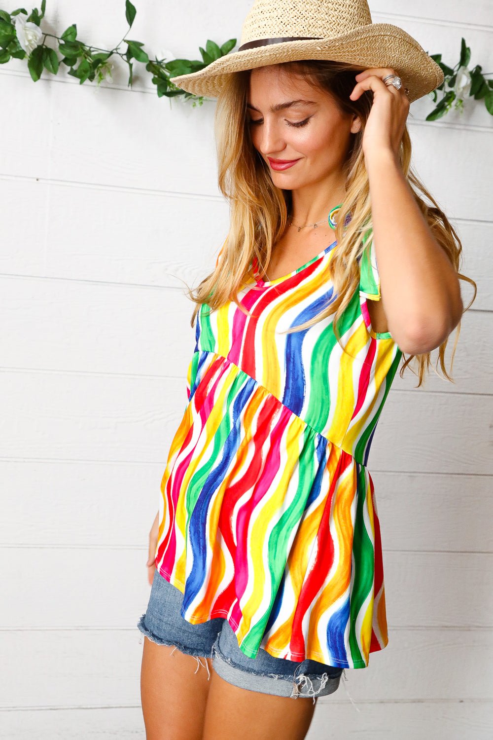 Multicolor Wavy Stripe Shoulder Tie Detail Top - Bitsy Gypsy Boutique