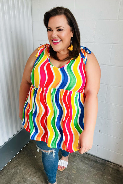 Multicolor Wavy Stripe Shoulder Tie Detail Top - Bitsy Gypsy Boutique