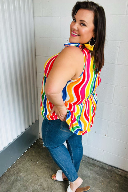 Multicolor Wavy Stripe Shoulder Tie Detail Top - Bitsy Gypsy Boutique