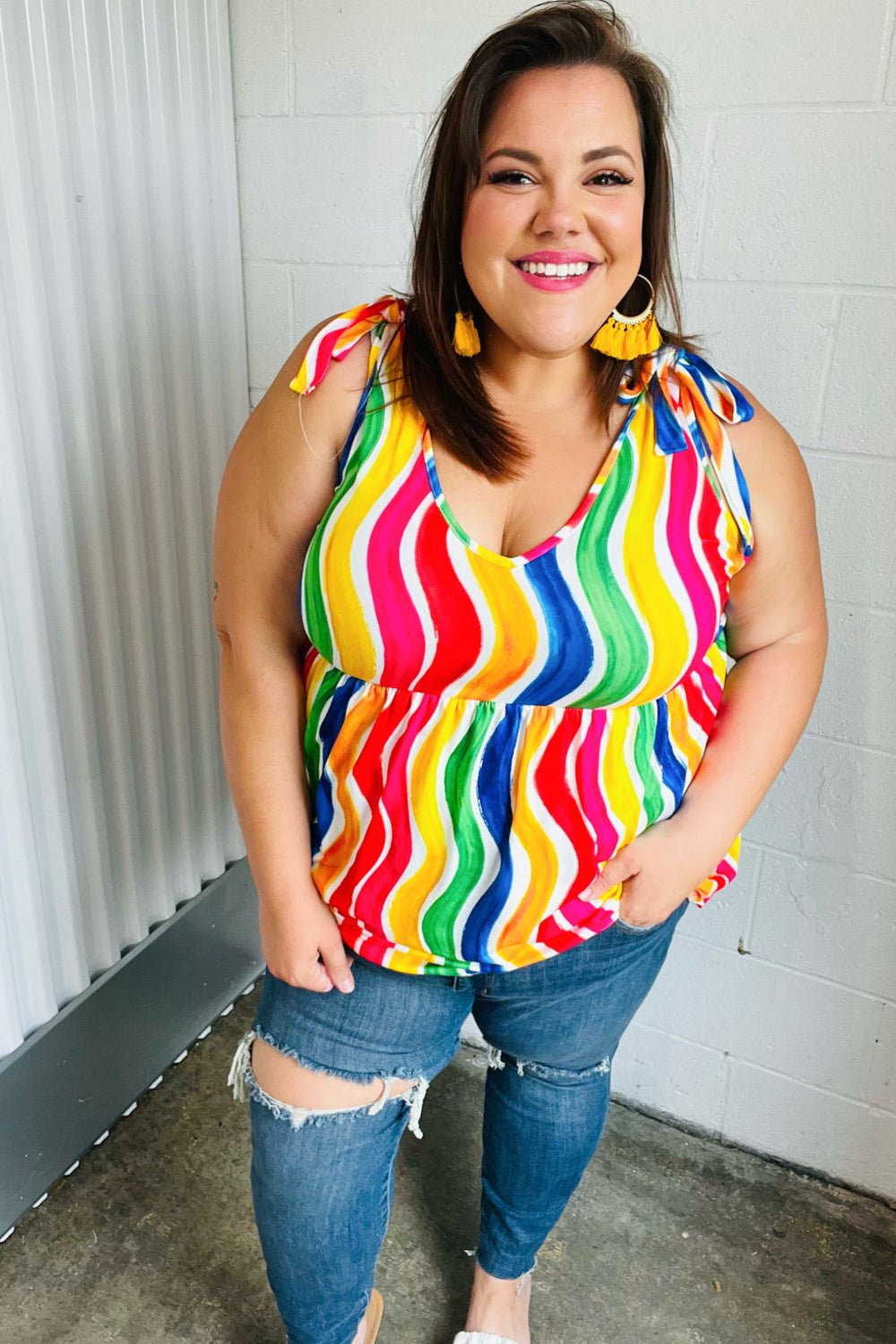 Multicolor Wavy Stripe Shoulder Tie Detail Top - Bitsy Gypsy Boutique