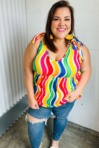 Multicolor Wavy Stripe Shoulder Tie Detail Top - Bitsy Gypsy Boutique